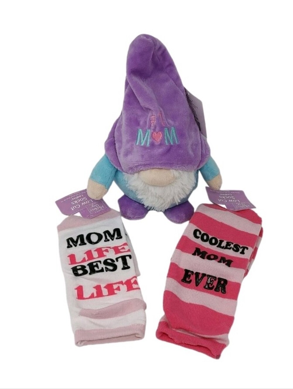 Mother's Day Gift Set #1 Mom Gnome Plush & 2 Pairs Socks Best Mom Life Pink NEW